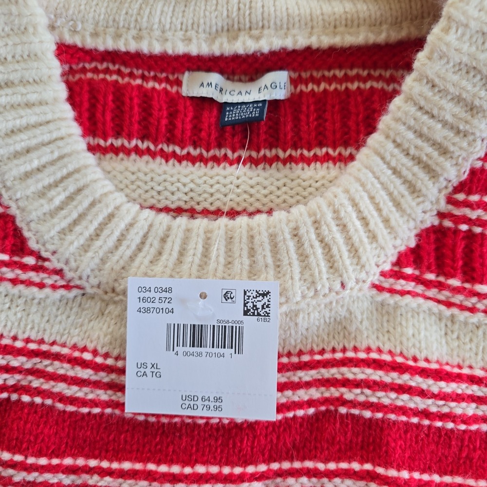 American Eagle Cable Knit Sweater Cream With Red Stripes Fisherman Crop XL NWT - Picture 13 of 13